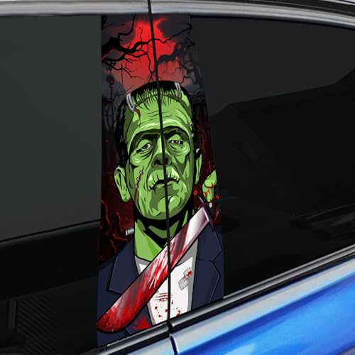 Image of Halloween Cars Body Horror Sticker, Halloween Car Center Pillar Decals,Classic Horror Movie Characters Peeking Decal Michael Scary Child Vinyl Stickers (Green Monster)