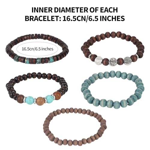 5pcs Life Tree Beaded Bracelets for Women, Multilayer Boho Bracelets Stackable Handmade Wood & Alloy Bead Elastic Bracelet Jewelry Gifts for Women Men2