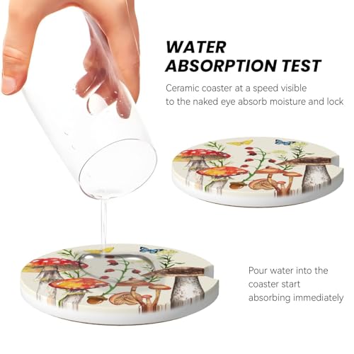 Image of Mushroom Butterfly Car Coasters for Cup Holder Absorbent Ceramic Cup Coaster 2 Pack Anti Slip Car Interior Accessories with Finger Notch Cork Base for Women Men 2.56 inch