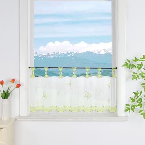 Delien Net Curtain, Voile Bistro Curtains with Loops, Kitchen Short Curtain, Embroidery Butterfly Transparent Rod Curtain, Short Curtain, W x H 120 x 45 cm, Green