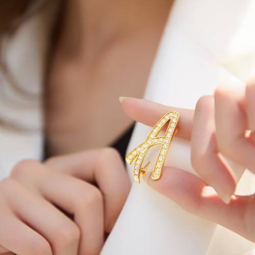 Image of Cicy Bell A-Z Initial 26 Letter Brooch Pins 18k Gold Plated Cubic Zirconia Breastpin Name Personalized Gifts for Women Men