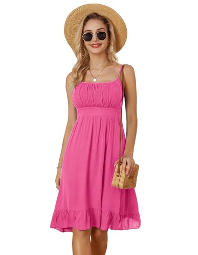 GRACE KARIN Ladies Summer Flared A-Line Cami Dress Ruched Midi Sleeveless Spaghetti Straps Dress Hot Pink XL