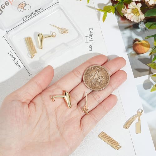 Beebeecraft 1 Box 8Pcs Hair Stylist Charms 18K Gold Plated Brass 4 Styles Scissor Comb Hairdryer Tools Charm for Haircut Theme Jewellery Making - Image 3
