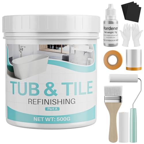 Tile Paint, 17oz Tub and Tile Paint Refinishing Kit with Tools and Hardener, Easy to Use for Countertop Bathroom Bathtub Kitchen Sink, Semi-Gloss White, Low Odor，25-30sq.ft