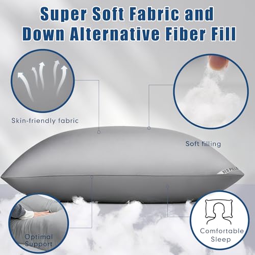 Image of Piwaal King Size Pillows 4 Pack Gray, Soft Firm Support for Sleepers | Set of 4 gray king pillows with down-alternative plush fill. Breathable & supportive for back, stomach, or side sleepers.