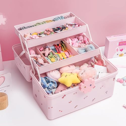 ZOOFOX Cute Hair Accessories Organizer for Girls, 3-Layers Pink Craft Storage Container with Handle, Lockable Storage Box for Hair Clip, Headband, Scrunchie, Cosmetic, Sewing, Toy, Washi Tape - Cosy Home Interiors ZOOFOX Cute Hair Accessories Organizer for Girls, 3-Layers Pink Craft Storage Container with Handle, Lockable Storage Box for Hair Clip, Headband, Scrunchie, Cosmetic, Sewing, Toy, Washi Tape - Image 8