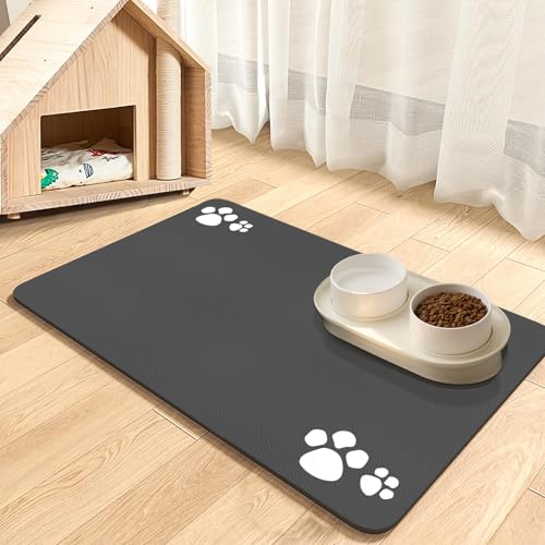 Dog Food Mat Water Absorbent Dog & Cat Mat for Food and Water Bowl, No Stains Quick Dry Pet Feeding Mat with Waterproof Rubber Rubber Backing (Dark Grey-4 Paws, 30 x 50 cm)