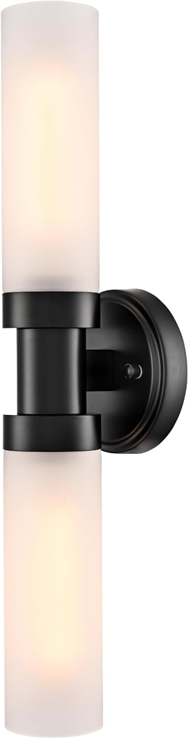 Modern Black Glass Wall Sconce 2-Light Cylinder Bathroom Wall Light Fixtures 20-Inch Frosted Glass Sconces Wall Lighting for Bedroom Living Room Hallway