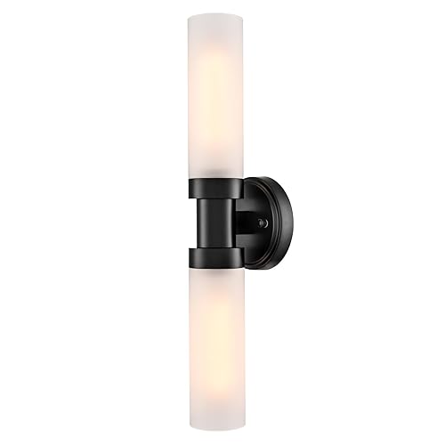 Modern 2-Light Black Wall Sconce, Cylinder Frosted Glass Bathroom Wall