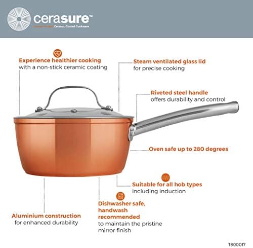 Tower T800017 Copper Forged Induction Pot Set With Glass Lid, Non Stick Ceramic Coating, Copper, 3 Piece, 18/20/22 cm