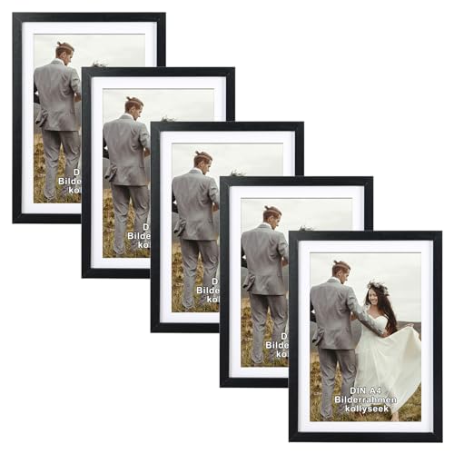 kollyseek set de 5 marcos de fotos DIN A4 (21 x 29,7 cm) de MDF y cristal acrílico marco de fotos negro de madera, para colgar y montar, salón de pie y colgar, marco decorativo negro