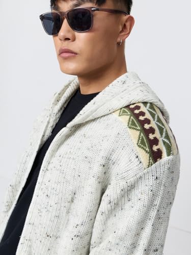 Image of The Souled Store Souled Originals: Cookies & Cream Men and Boys Full Sleeves Hooded Spread Collar Off White Graphic Applique Acrylic Blend Oversized Fit Zip-Up Knitted Sweater