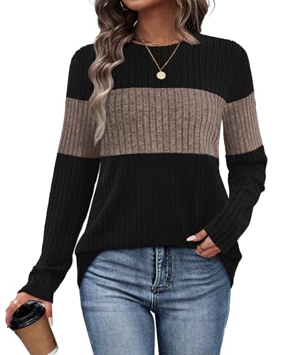 WIHOLL Jumpers for Women UK Casual Long Sleeve Tops Fall Fashion 2025 Loose Fit Lightweight Tunics Winter Christmas Sweaters Coffee Size 10-12