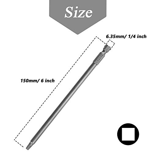 Mesee 7Pcs 150mm Magnetic Square Screwdriver Bits with 1/4 Inch Hex Shank, S2 Steel Square Head Screw Driver Bit Tool Accessory Kit- SQ1, SQ2, SQ2.5, SQ2.7, SQ3, SQ4, SQ5