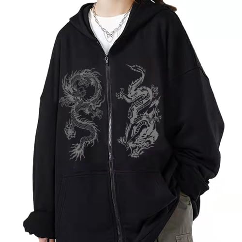 Aobiono Women Men Y2K Zip Up Oversized Hoodie Gothic Dragon Graphic Emo Grunge Alt Baggy Fleece Jacket 90s Punk Streetwear2
