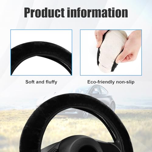 Suvnie Car Fluffy Steering Wheel Cover, 15'' Universal Furry Auto Steering Wheel Protector for Warm Winter, Elastic Non-Slip Car Steering Wheel Cover, Vehicle Interior Decor Accessories (Black)