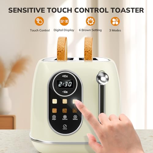 Keenstone Smart Touch Screen Toaster 2 Slice, Retro Wide Slot Stainless Steel Toaster with 6 Browning Levels, Reheat & Defrost, for Bagel, Toast, Bread, Removable Crumb Tray, Beige by Keenstone - Image 4