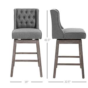 HOMCOM Bar Height Bar Stools Set of 2 180 Degree Swivel Barstools 30 Seat Height Bar Chairs with Solid Wood Footrests and Button Tufted Design Gray