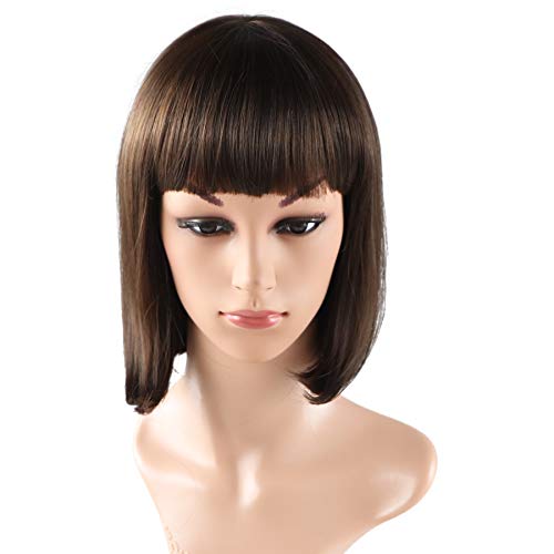 Frombet 11-12inch/28CM Short Bob Hair Black/Wine Red with Flat Bangs Women Girl Straight Cosplay Synthetic Wigs + Free Wig Cap (Brown)