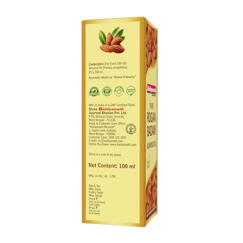 Image of Baidyanath Pure Rogan Badam Almond Oil | 100% Pure Sweet Almond Oil for Hair, Skin & Heart Health, Rich in Vitamin E & Antioxidants | 100 ml