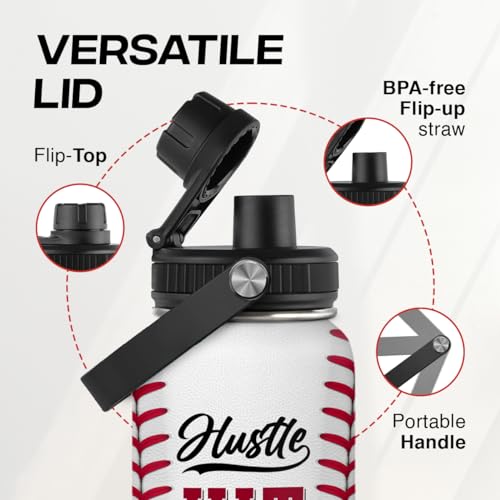 Image of Baseball Water Bottle 32oz Hustle Hit Never Quit Stainless Steel Insulated Bottle for Men Women Sports Lovers Baseball Fans