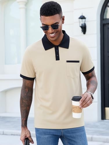 Image of Men's Casual Polo Shirts Summer Short Sleeve Contrast Collar Buttoned Tee Polo Shirt with Pocket