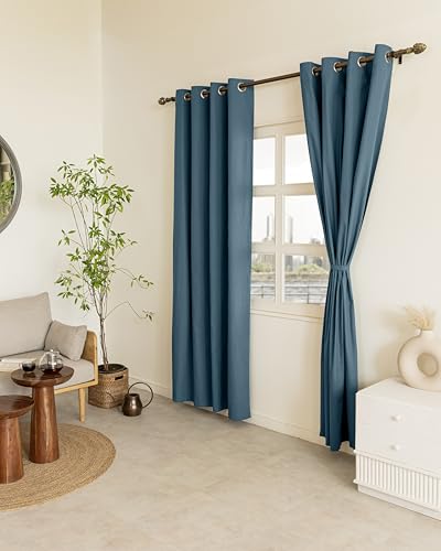 Image of THE LINEN COMPANY Cotton Room Darkening, Light Blocking Curtain 4 feet with Eyelet Rings 2 Pcs Set for Living Room, Dining Hall, Hotel, Farm House (4.5 ft x 4 ft, Sapphire Blue)