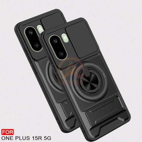 Image of OnePlus 15R 5G Back Cover | Armor Camera Slider 360 Degree Rotating Finger Ring Holder Case with Bracket Stand Back Case Cover (Compatible with MagSafe Accessories) (Black)