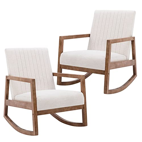 Hny Set Of 2 Mid Century Rocking Nursery Chair With Wood Frames, Linen Upholstered Farmhouse Living Room Armchair, For Living Room Bedroom, Beige #TOP5