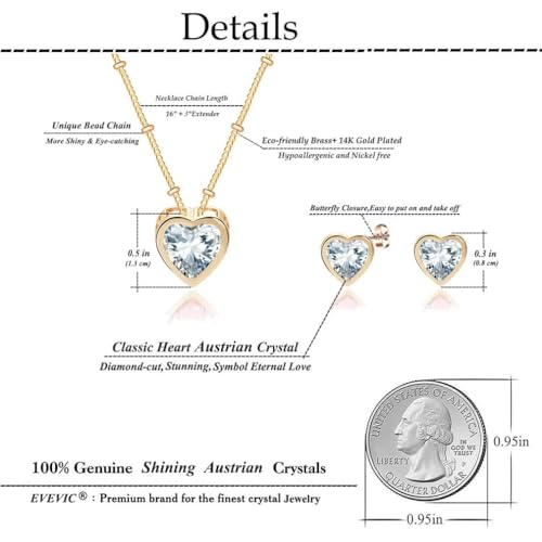 EVEVIC Austrian Crystal Heart Pendant Necklace Earrings for Women 14K Gold Plated Hypoallergenic Jewelry Set4