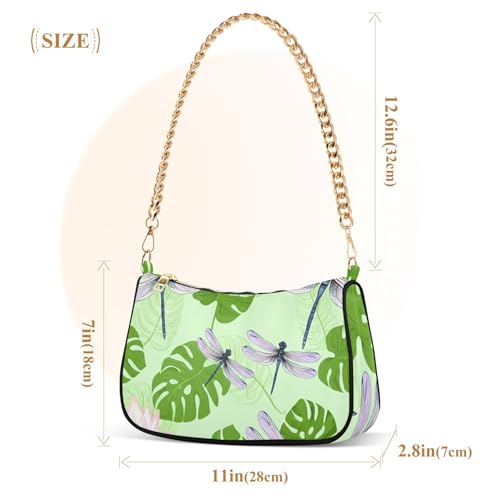Dragonflies Green Leaves Floral Designer Handbags Womens Ladies Shoulder Bag Zipper Casual Hobo Purse with Chain Strap3