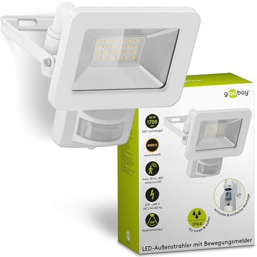 goobay 53880 LED Strahler Bewegungsmelder Außen 20W / PIR Sensor Außenstrahler IP44 / Neutralweißes Licht 1700 lm/LED Scheinwerfer Fluter...