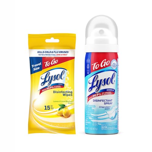 Lysol To Go Bundle - 1.5 Ounce Crisp Linen Disinfectant Spray and Lemon Lime Disinfecting Wipes Flat Pack