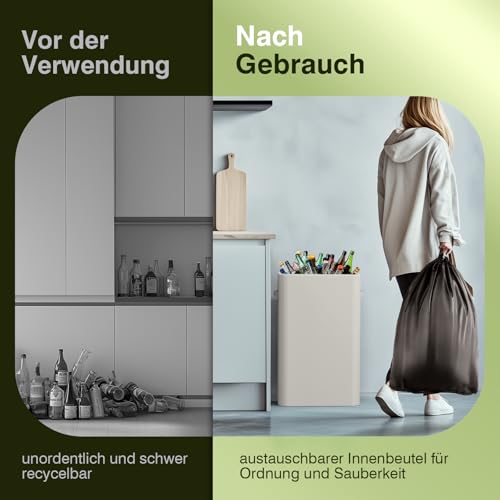 Pfandflaschen Sammelbehälter mit Deckel 100L, Groß Pfandflaschen Behälter mit 2 Tragetasche, Flaschensammler Leergut für Plastik- und Glasflaschen, Pfandbehälter mit Einwurf, Beige