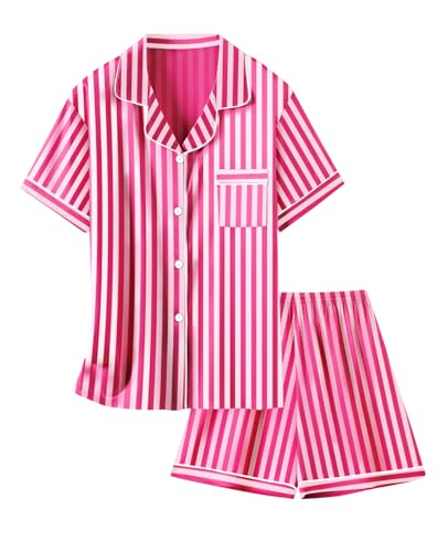Image of Schbbbta Women Pajamas Set, 2 Pieces Satin Silk Button Down Pjs Short Sleeve Outfits Loungewear