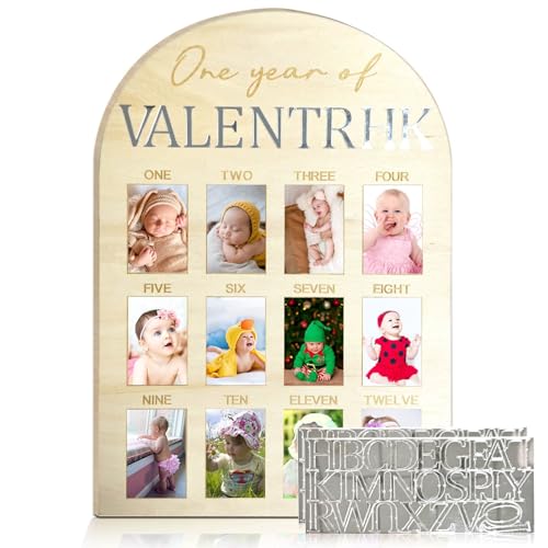 Image of One Year Of Photo Board My First Year Milestone Board 12 Monthly Picture Frame Baby's First Year Wood Photo Board Acrylic Mirror Letters 1st Birthday Decoration Baby Keepsake Gift (2" x 3" photos - Wallet Size)
