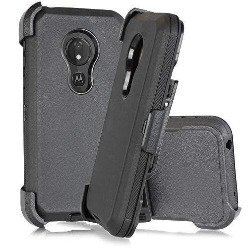 Compatible for Motorola Moto G7 Power/ G7 Supra/ XT1955 [Four Layered Protection] Heavy Duty Defender Holster Armor Tough Case with Rotating Belt Clip & Built in Screen Protector (Black)