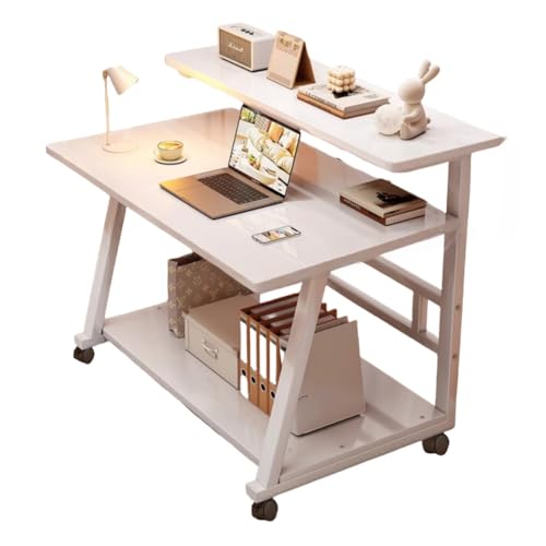 AOUCN パソコンデスク,移動可能なコンピューターデスク、シンプルな小さなテーブル、オフィス、寝室、自宅、学生用デスク、シンプルな寮、怠惰なベッドサイド,棚付き,省スペース (クリームホワイト,ホワイト脚 +90cm)