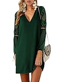Feature: Langarm-Tunika, Ärmel mit Spitzen-Mesh-Nähten, V-Ausschnitt, einfarbiges Minikleid für Frauen, locker sitzendes Tunika-Kleid - Sommer-Strand-Sommerkleid für Party-Club.