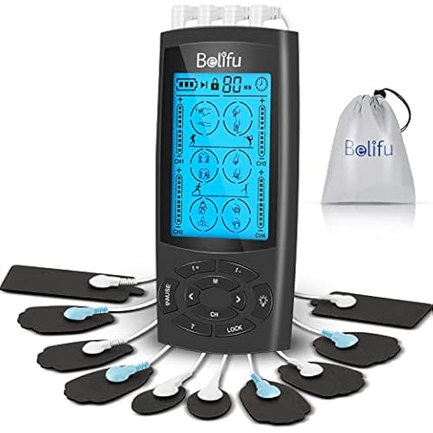 Belifu 4 Independent Channel TENS EMS Unit, TENS Unit Muscle Stimulator for Pain Relief, 24 Modes 20 Level Intensity, Rechargeable Electric Pulse Massager with Large Screen, 10 Pads, Storage Bag Cover