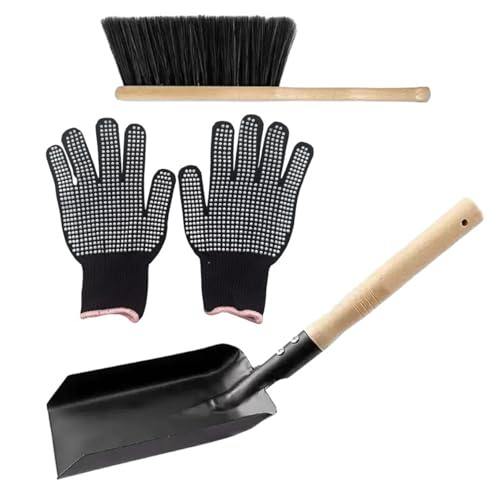 Juego de 3 palas para chimenea con escoba y guantes, pala de metal para cenizas con mango de madera para hoguera, hogar, estufa de leña, escoba, cepillo, ceniza, fuego