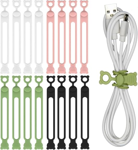 IFNOW Silica Gel Cord Organizer Reusable, Multipurpose Elastic Cord Organizer for Bundling and Fastening Cable Cords Wires, 16 PCS Waterproof Self-Fastening Cable Tape(Green,Pink,White,Black)