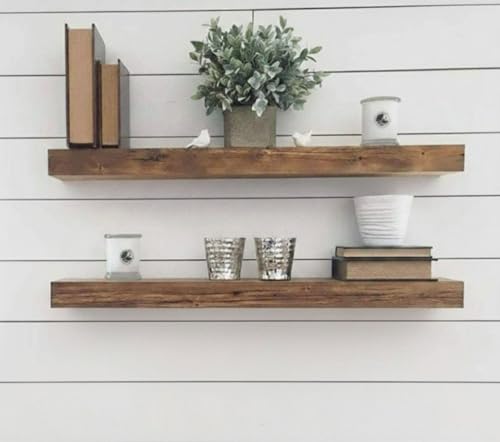 Image of Solid Wood Floating Wall Shelves | Rustic Wooden Display Shelves for Living Room, Bedroom, Kitchen & Bathroom | Heavy Duty Wall Mounted Shelves (20 Inches, 2 Shelves)