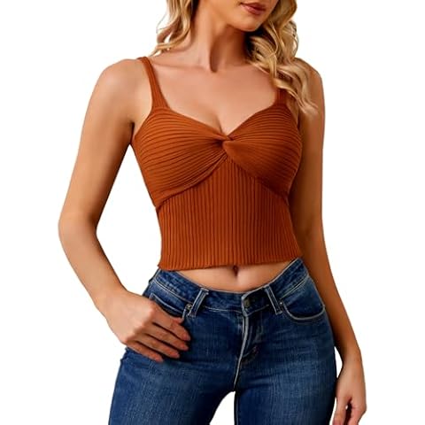 CosySun Sleeveless Knitted Crop Top: Sexy Tank Tops for Womens - Y2k Twist Knot Casual Vest - Women Summer Sweater Cami Camel Cover