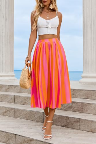 Image of Cicy Bell Womens Summer Striped Maxi Skirts A-Line Beach Vacation Outfits | Elastic Waist, Side Pockets, Flowy, Midi Length, Color Contrast, Trendy Casual