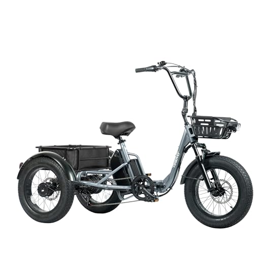 TINIOVER Creek Folding Electric Tricycle for Adults, Etrike with Basket & Backrest, 1000W 20MPH 80Miles Fat Tire Electric Trike, 3 Wheel Electric Bike, Reverse, Parking, Differential, F&R Baskets