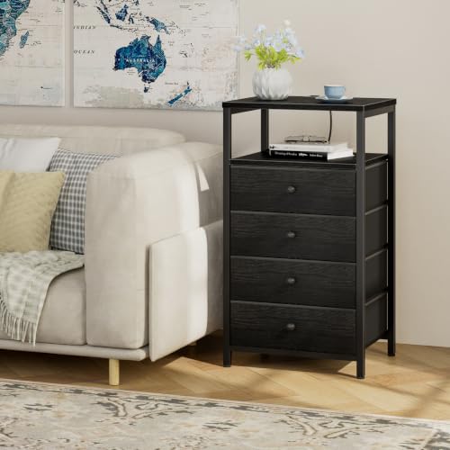 Image of BOLUO Tall Night Stand with Drawers, Black Nightstand with Charging Station and LED Light, Small White 4 Drawer Dresser for Bedroom, Room Storage Closet