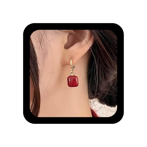 Inilbran Pendientes Colgantes Boho de Coral Rojo - Cuadrados Vintage de Piedra Preciosa - Aros Geométricos de Piedra de Coral - Joyas Para Mujeres Y Niñas