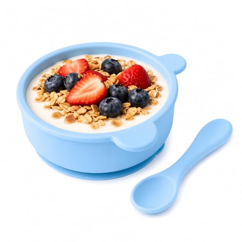 Image of Silicone Baby Feeding Bowl and Spoon Set with Suction Base, BPA-Free, Non-Slip, Safe for Infants and Toddlers Mealtime Blue