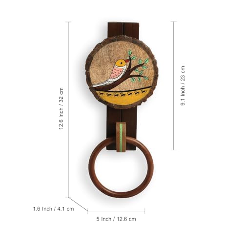 Image of ExclusiveLane 'Singing Bird' Wooden Towel Ring Holder for Wash Basin | Handpainted Towel Hanger for Bathroom Towel Holder Kitchen Towel Holder for Wash Basin Towel Ring (Mango, Teak & Sheesham Wood)